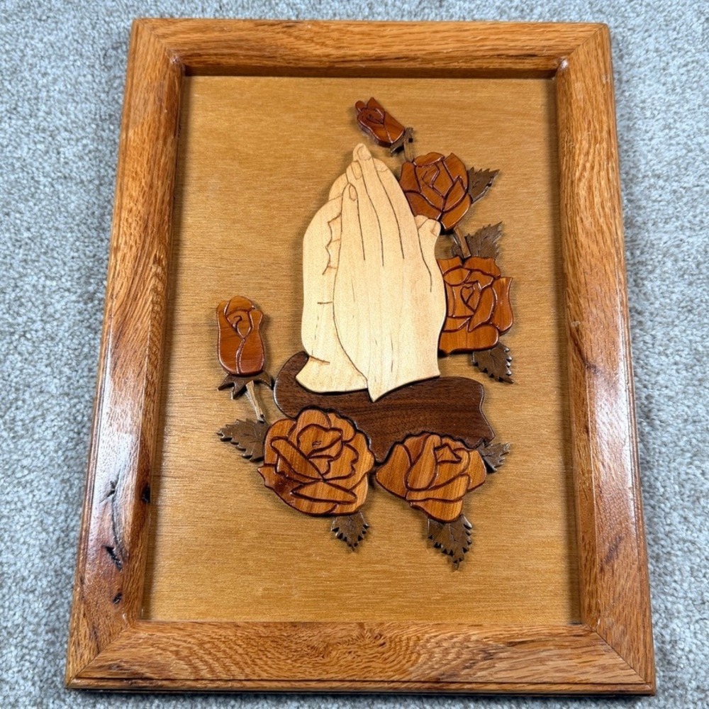 Vintage Intarsia Wood Art Praying Hand Roses Inlay Framed Wall Decor 1990 Signed